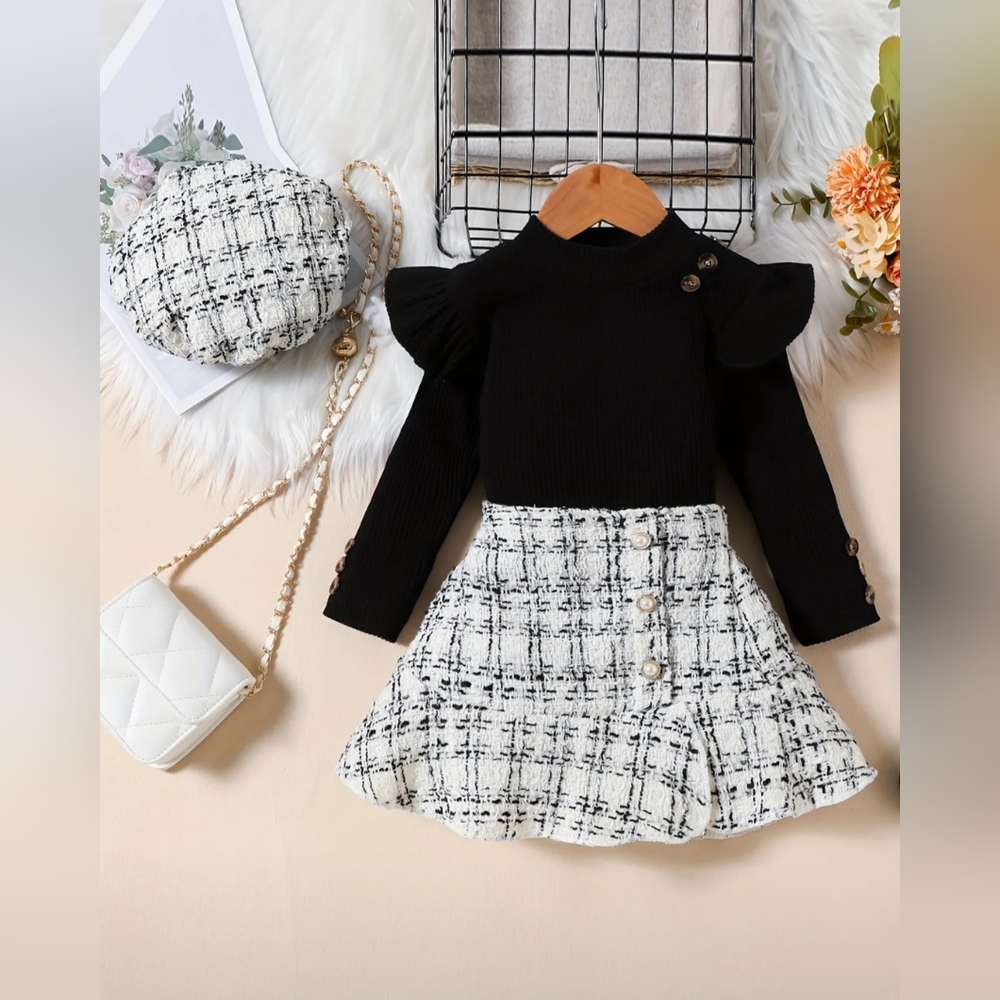 3 Pc Outfit: Girls Long Ruffle Sleeved Top With Woven Tweed Skirt & Beret Hat